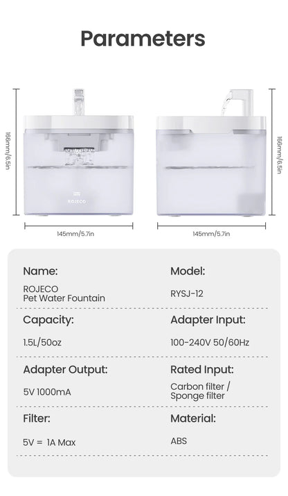 ROJECO Smart Cat Water Fountain Automatic Pet Water Dispenser For Cats Dog Drinking Purifier Fountain with Recirculate Filters