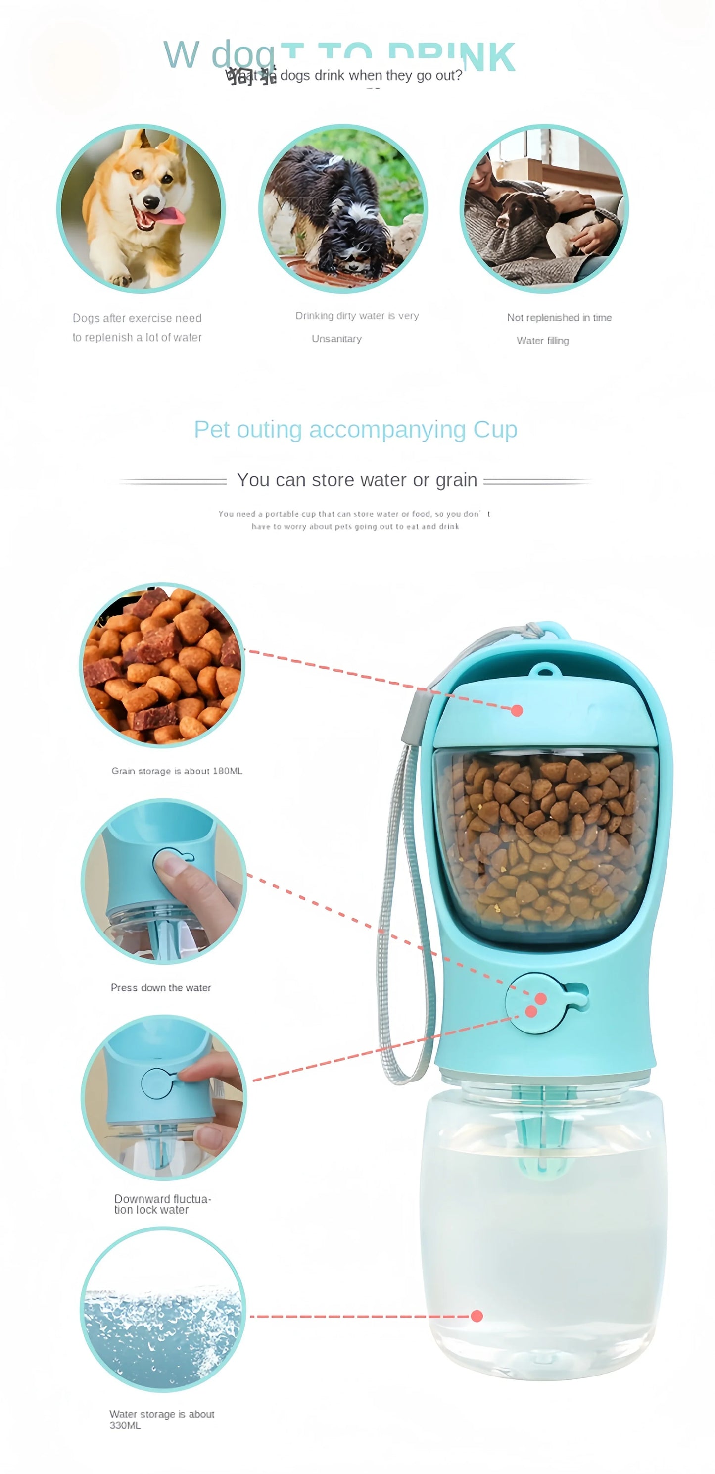 Portable Dog Cat Water Bottle with Storage Food and Water Container for Puppy Pets